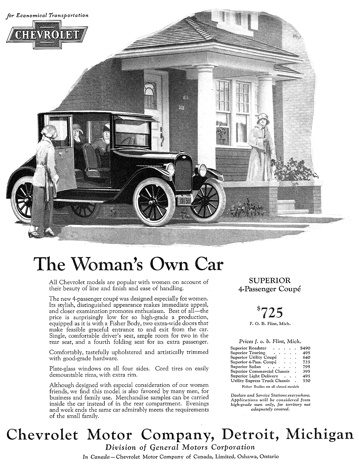 Chevrolet Superior 4-Passenger Coupé Ad (May, 1924): The Woman's Own Car