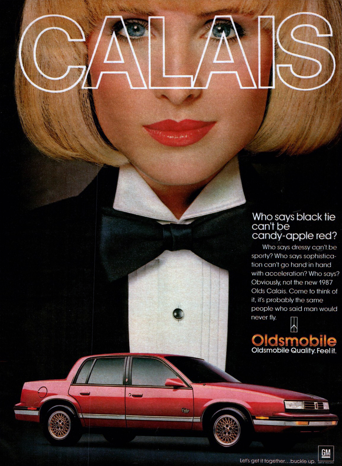 Oldsmobile Calais Ad (1987) – Who says black tie can't be candy-apple red? 