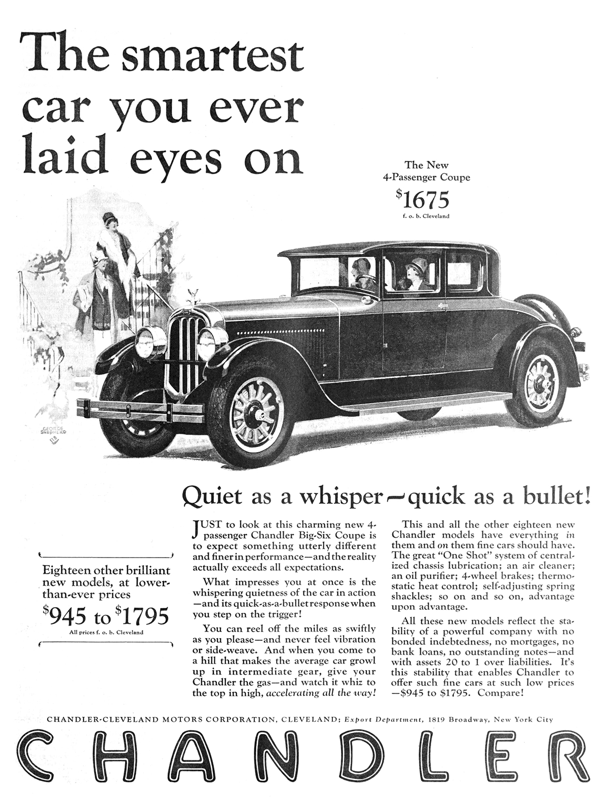 Chandler Big Six 4-Passenger Coupe Ad (October, 1926) – The smartest car you ever laid eyes on – Illustrated by George Shepherd