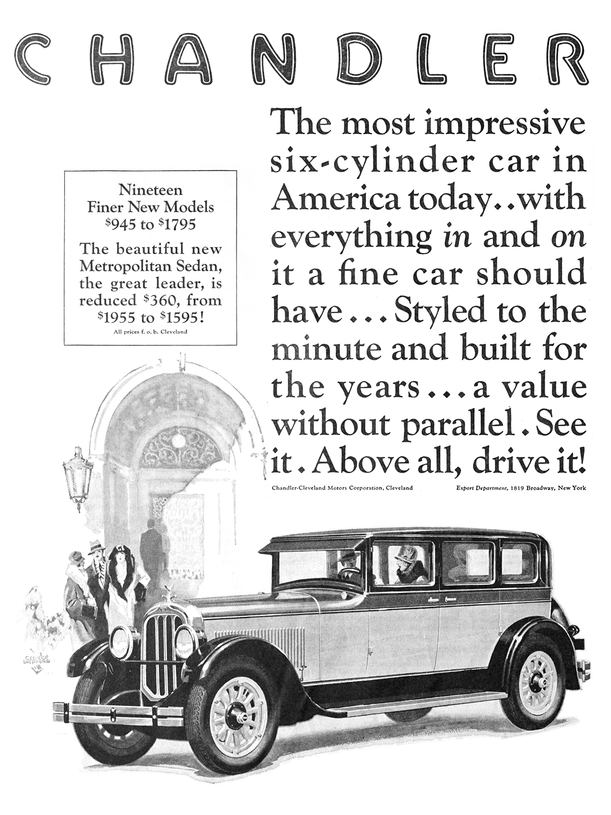 Chandler Big Six Metropolitan Sedan Ad (September-October, 1926) – The most impressive six-cylinder car in America today – Illustrated by George Shepherd