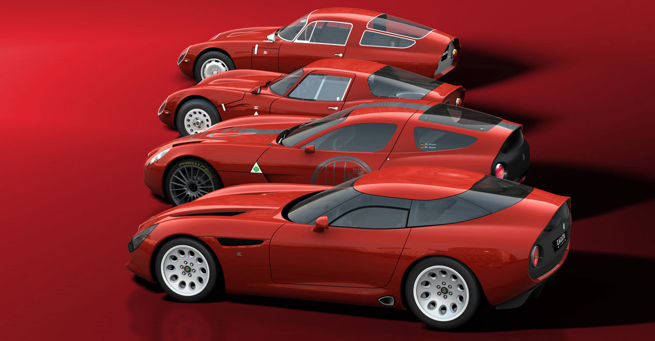 Alfa Romeo TZ3 Stradale (2011), Alfa Romeo TZ3 Corsa (2010), Alfa Romeo Giulia TZ2 (1964) and Alfa Romeo Giulia TZ1 (1963)
